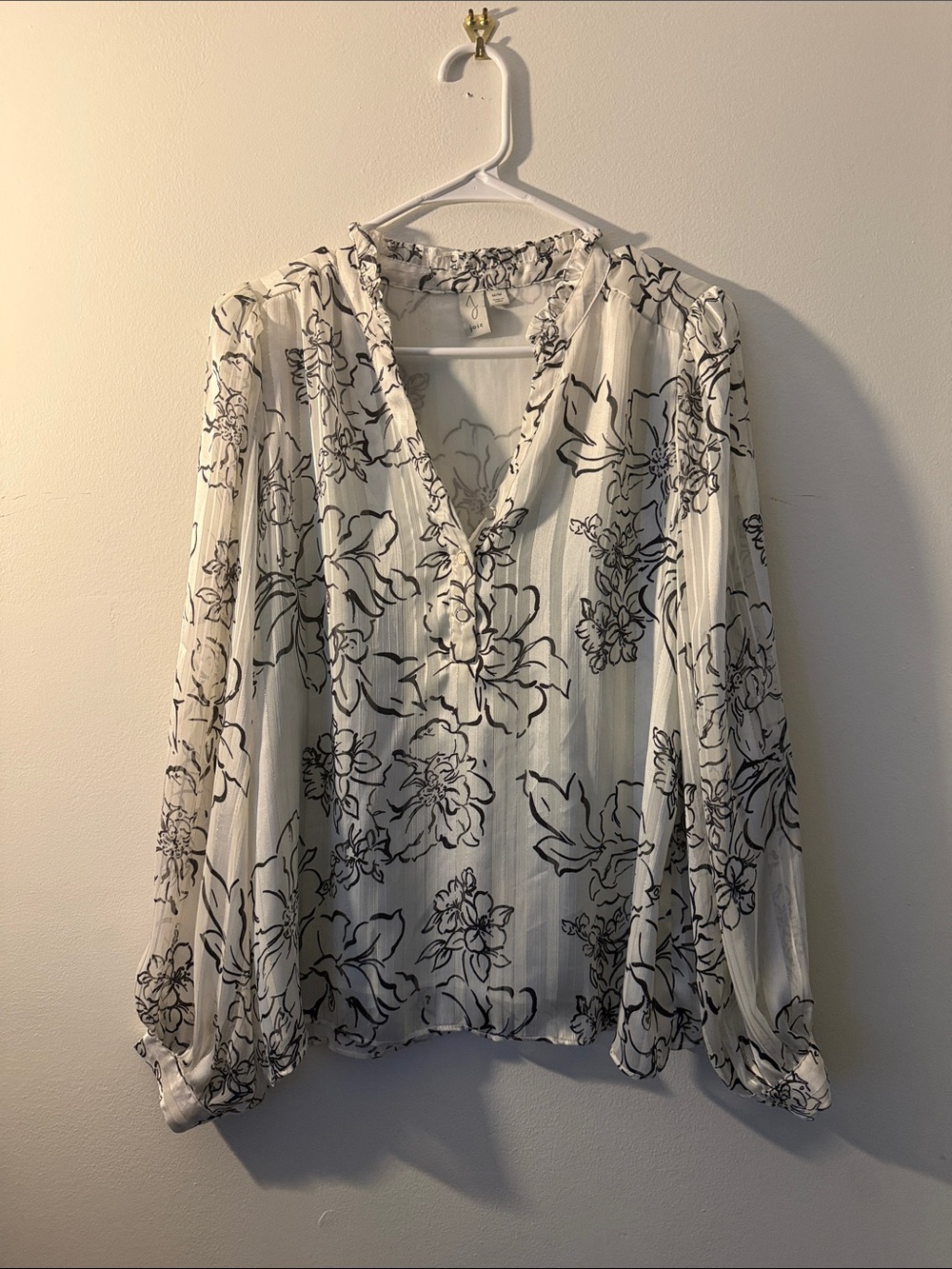 Joie White Blouse with Black Floral Outline